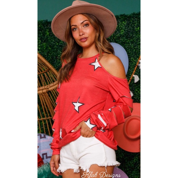 LAST 1! French Terry Star Print Red Cutout Laser Slashed Sleeve Top - Picture 7 of 9